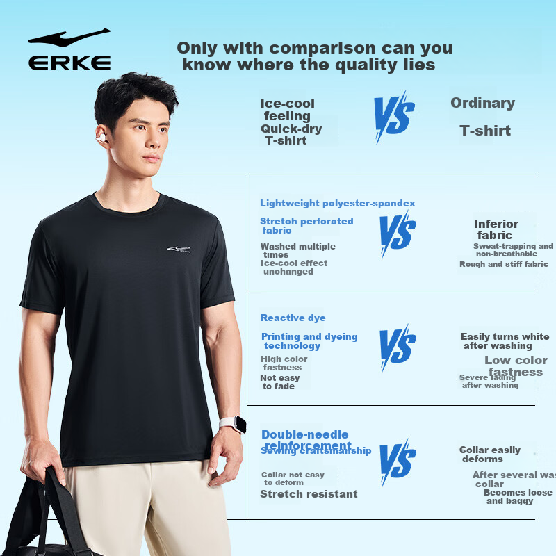 Erke Men's Summer Sports Short Sleeve T-Shirt Ice Cooling Quick-Dry Round Neck Running Shirt Solid Color Casual Base Layer Top