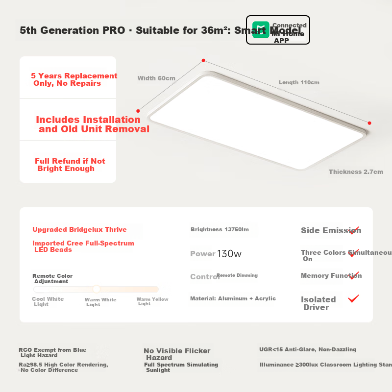Jundun Full Spectrum Seamless Eye Protection Living Room Ceiling Light 5th Gen Pro Ultra-thin Modern Minimalist All-inclusive