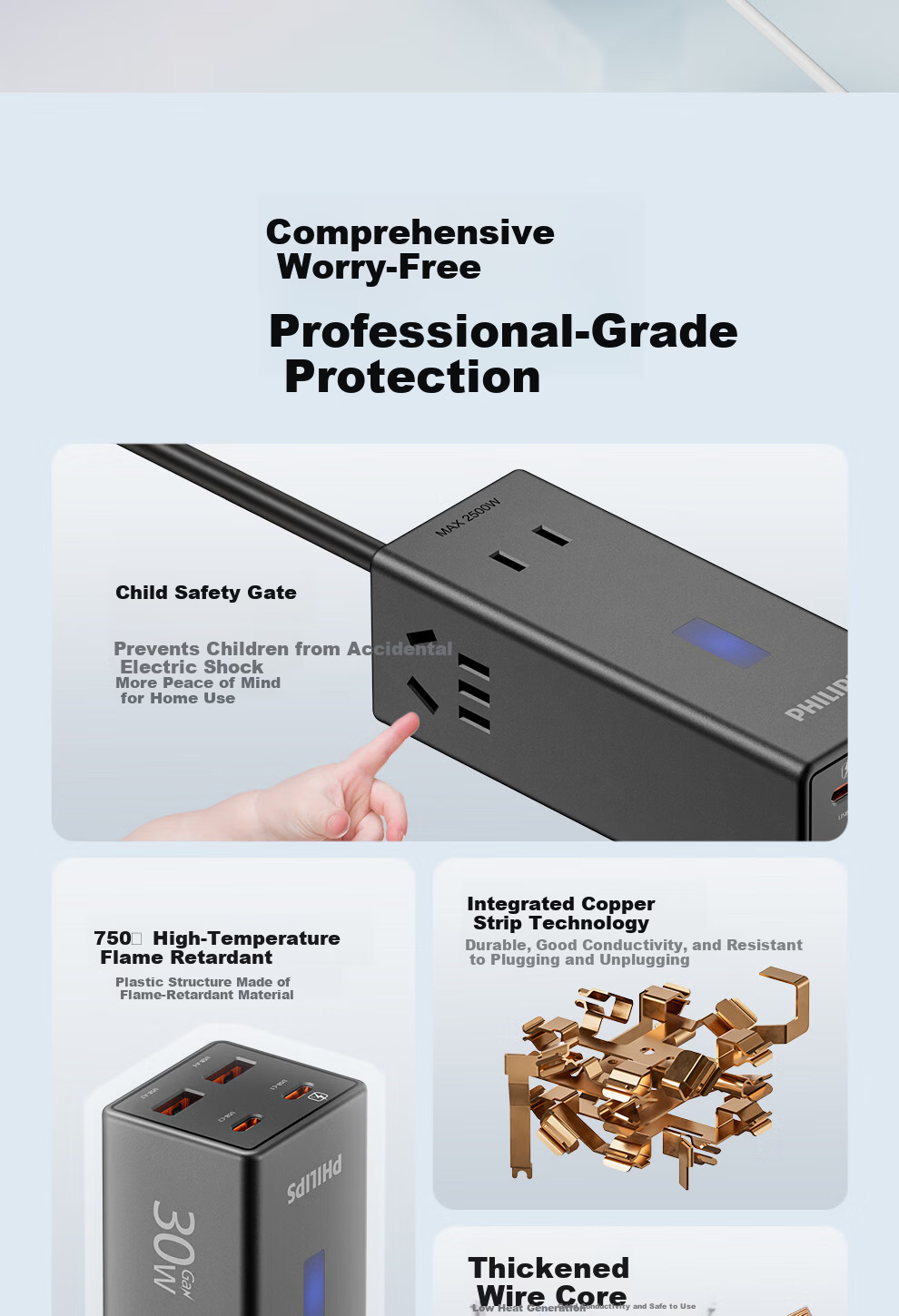 PHILIPS 30W Desktop Charging Station with USB Socket Type-C Power Strip Fast Charging Multi-Functional Power Strip Multi-Port Charger Expansion Dock 2.8m 13