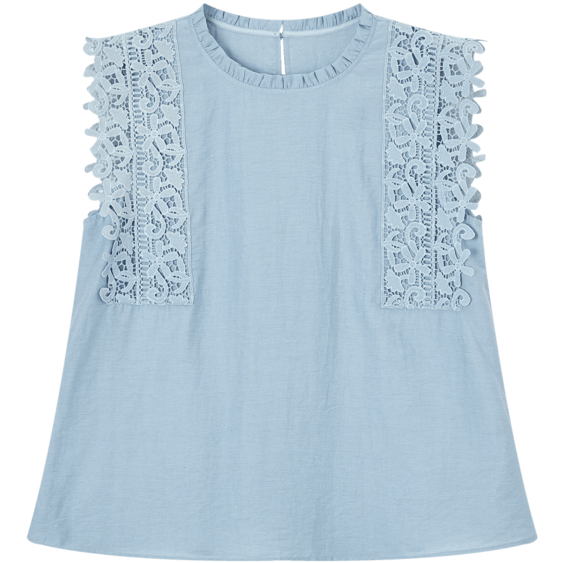 Demana Summer Sleeveless Loose Slimming Shirt with Flax and Ruffled Round Neck Lace Trim for Women Premium
