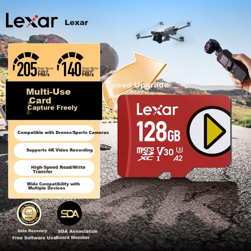 Lexar 128GB TF (MicroSD) Memory Card U3 V30 A2 205MB/s Read Speed for Drone, Action Camera, Surveillance, 4K Recording, Switch Handheld Console (PLAY)