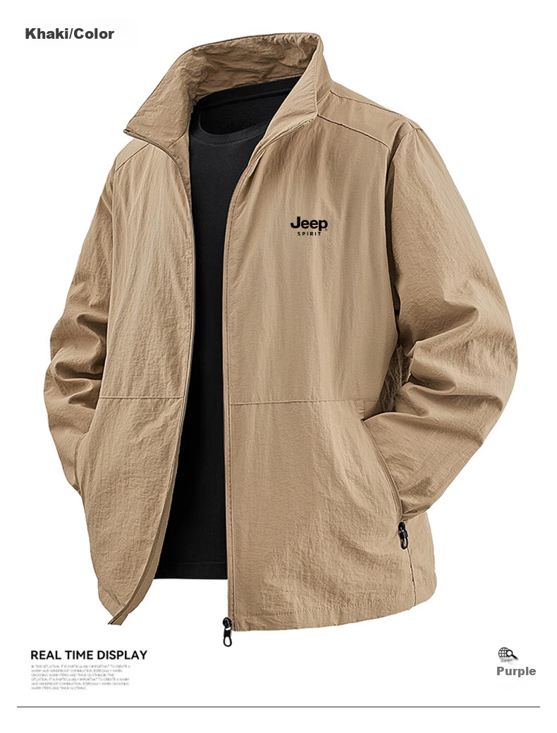JEEP SPIRIT Men's Spring Autumn Lightweight Stand Collar Casual Breathable Workwear Jacket Khaki 3XL 4