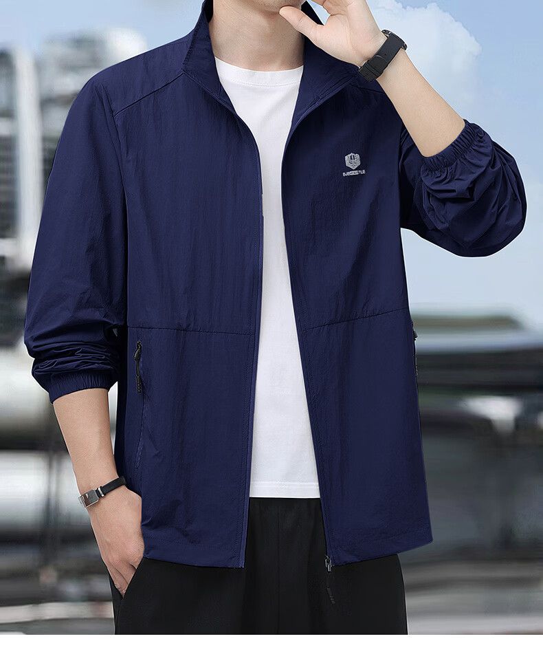 ROMON Sun Protection Jacket for Men, Summer Stand-Collar Ice Silk Cool-Feeling Outdoor Breathable Loose Casual Skin Coat, Navy Blue, 4XL 17