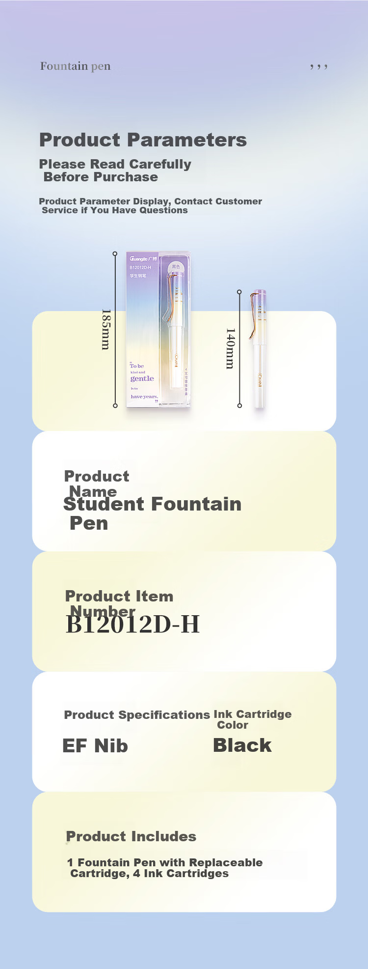 GuangBo Sunset Lamp Series Fountain Pen for Primary and Secondary Students, Hard Pen Calligraphy Practice, Replaceable Ink Cartridge, Black EF Nib, Japanese Style, Random Color B12012D 7