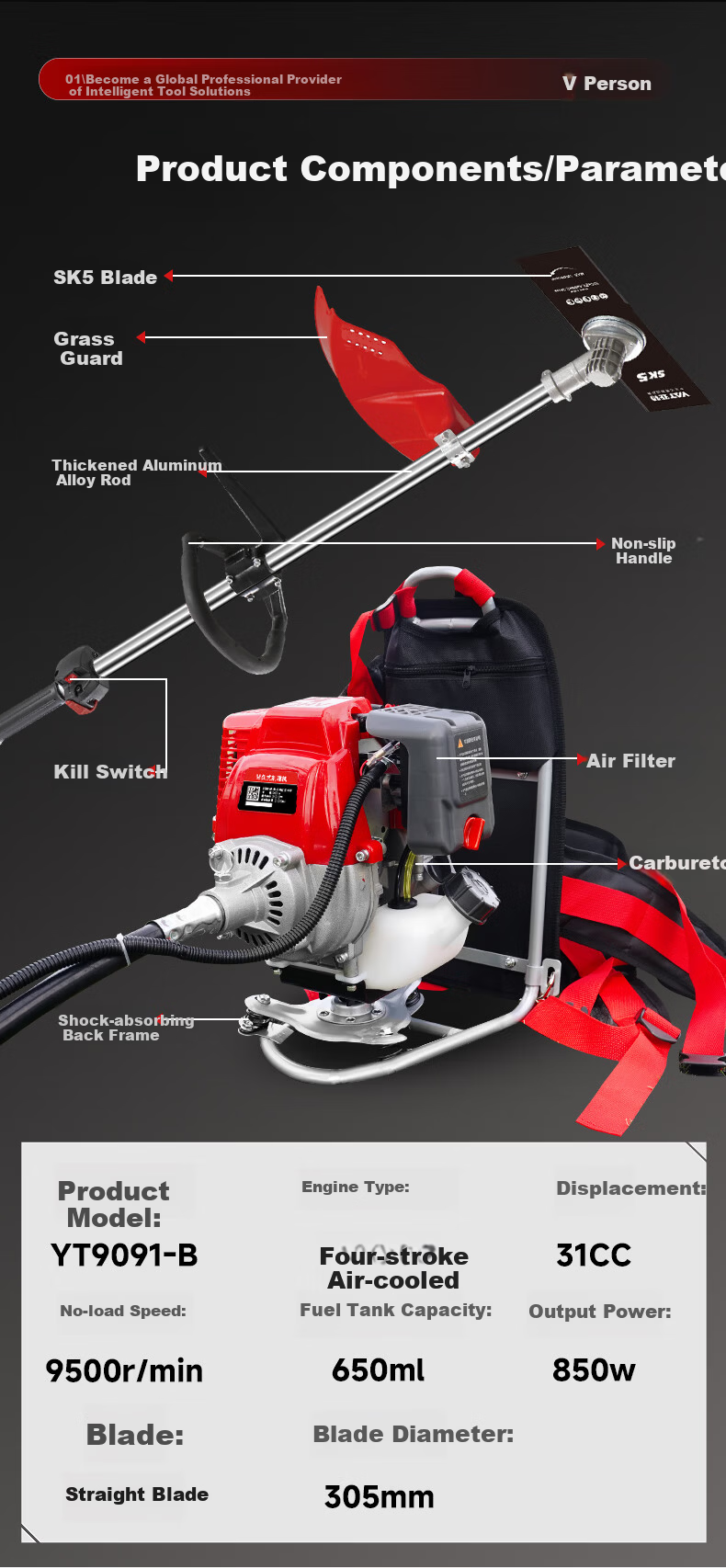 YAT 9091C Gasoline Lawn Mower High-Power Grass Cutter Household Four-Stroke Brush Cutter Sling Type 18