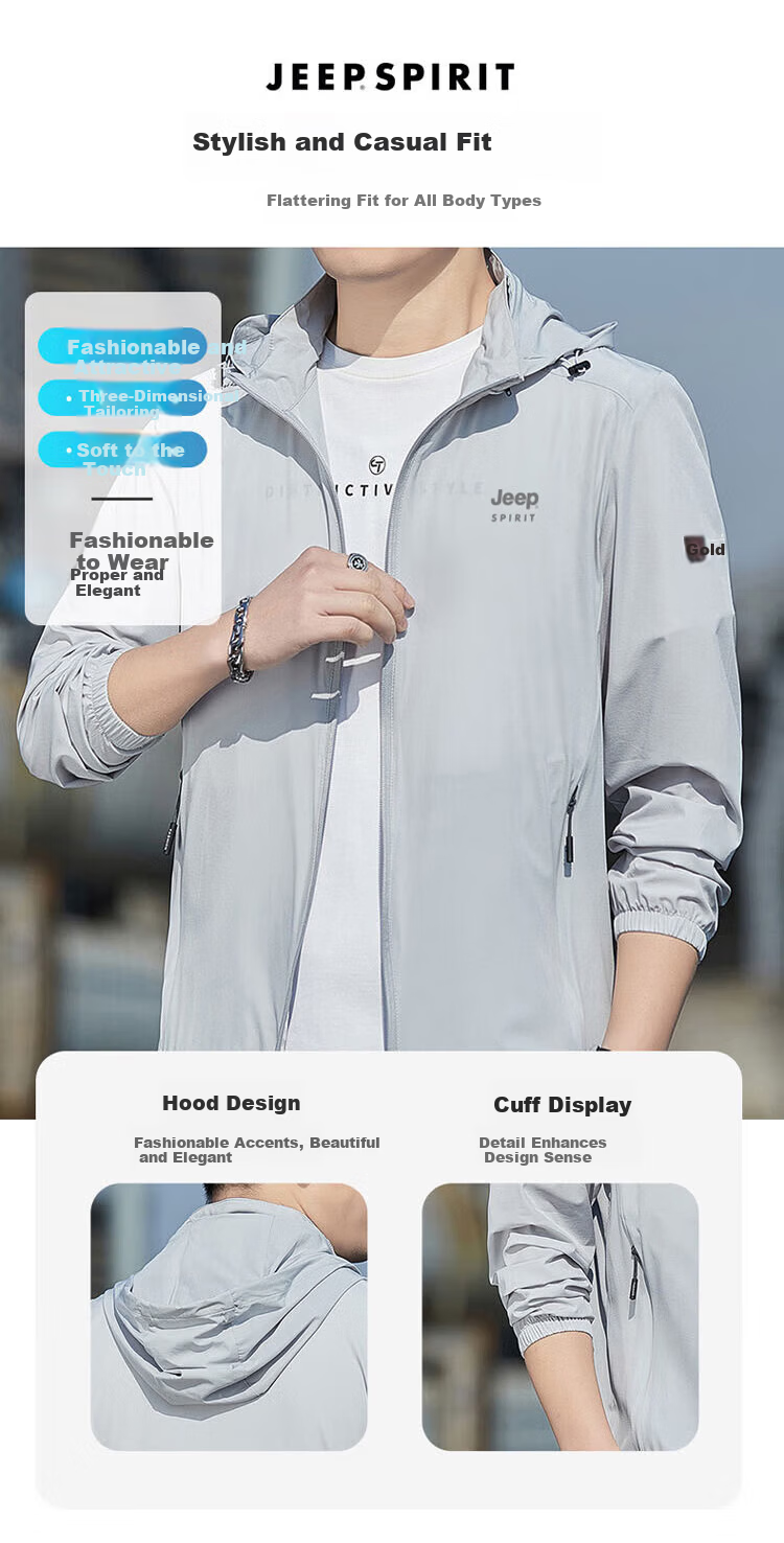 JEEP SPIRIT Men's Summer Ice Silk UV Protection Ultra-Thin Breathable Sun Protection Jacket Fishing Skin Coat 3