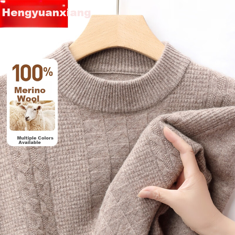 Hengyuanxiang Men's Thick Wool Sweater 100% Pure Wool Winter New Round Neck Casual Knitwear for Middle-aged and Young Men