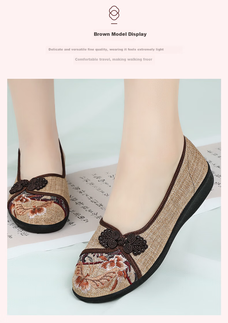 BUSHEYUAN Soft Sole Breathable Flat Shoes with Pankou Buttons, Mom Shoes, Lazy Shoes, Old Beijing Cloth Shoes for Women 510-1332 Red Size 37 12