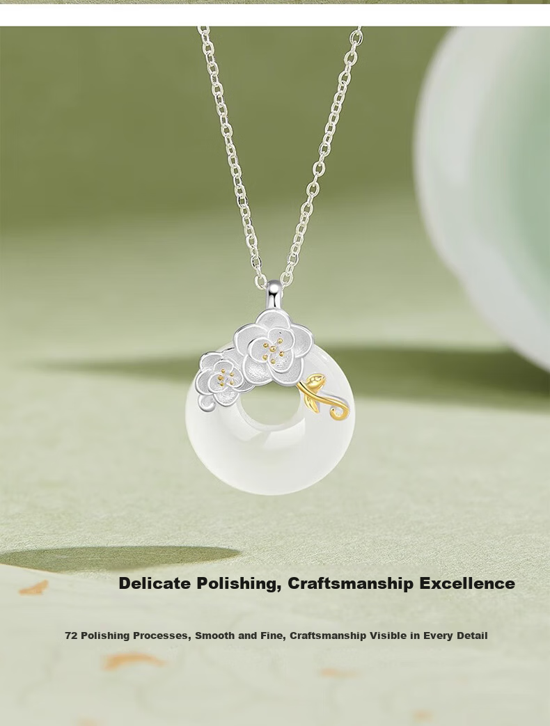 Chow Tai Fook Camellia Silver Necklace for Women Luxury Peace Jade Pendant 520 Birthday Gift for Girlfriend 5
