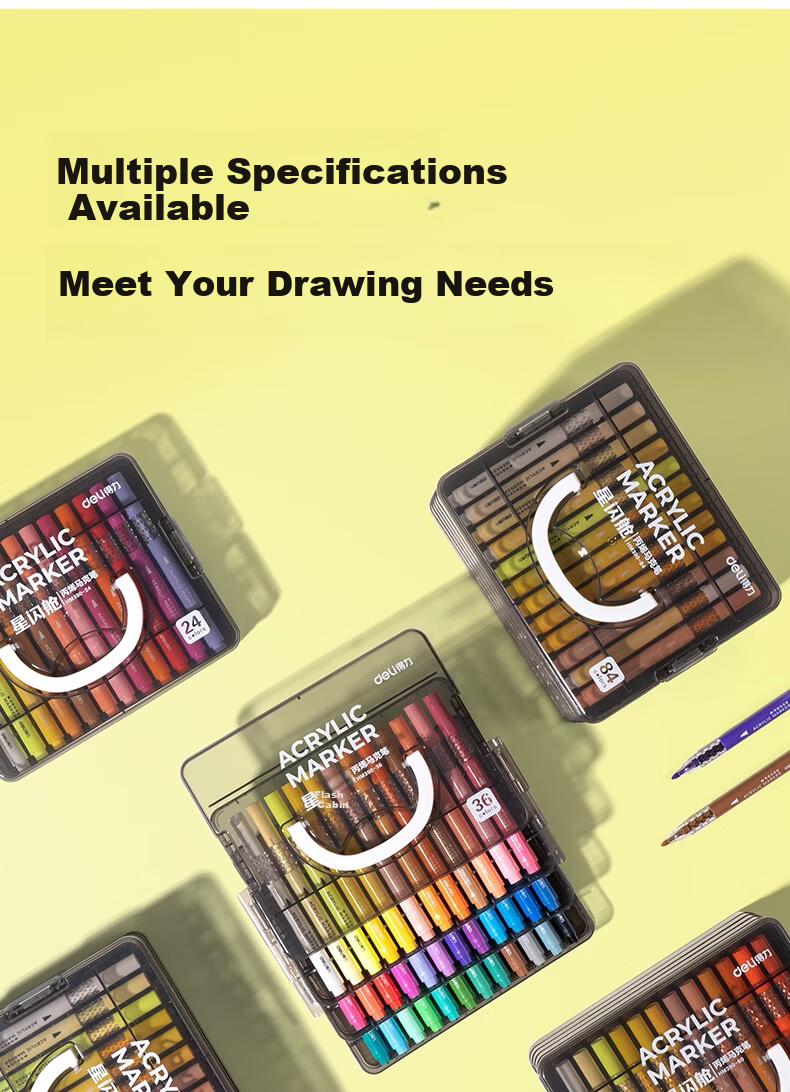 Deli 36-Color Children's Student Stacking Box Star Flash Cabin Round Acrylic Markers Watercolor Pens Birthday Gift Waterproof Hand-painted Gouache Fluorescent Markers New Year Tree Graffiti 13