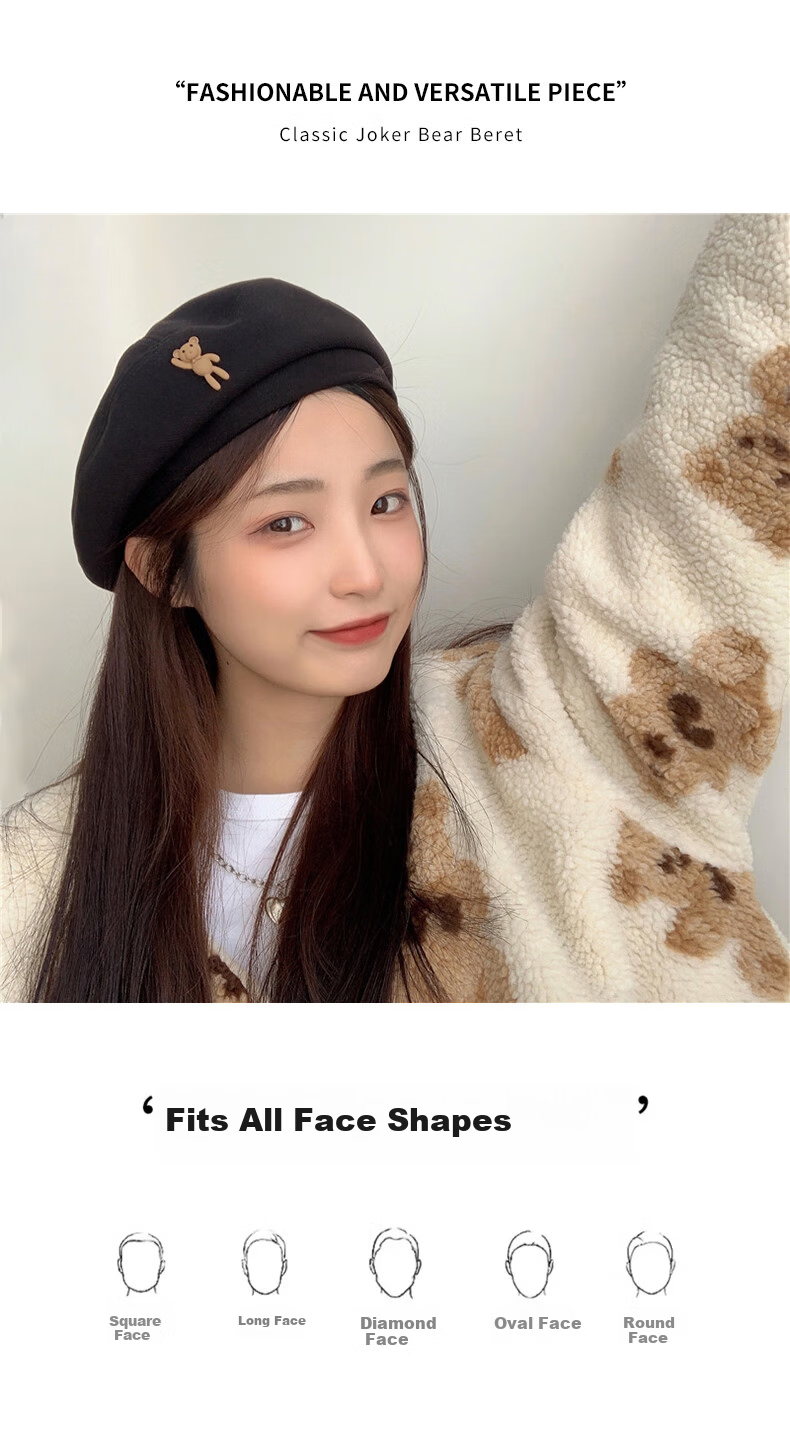 XUEXIMAN Japanese Vintage Cartoon Bear Brown Wool Beret Women's Fashionable Elegant Painter Hat 15