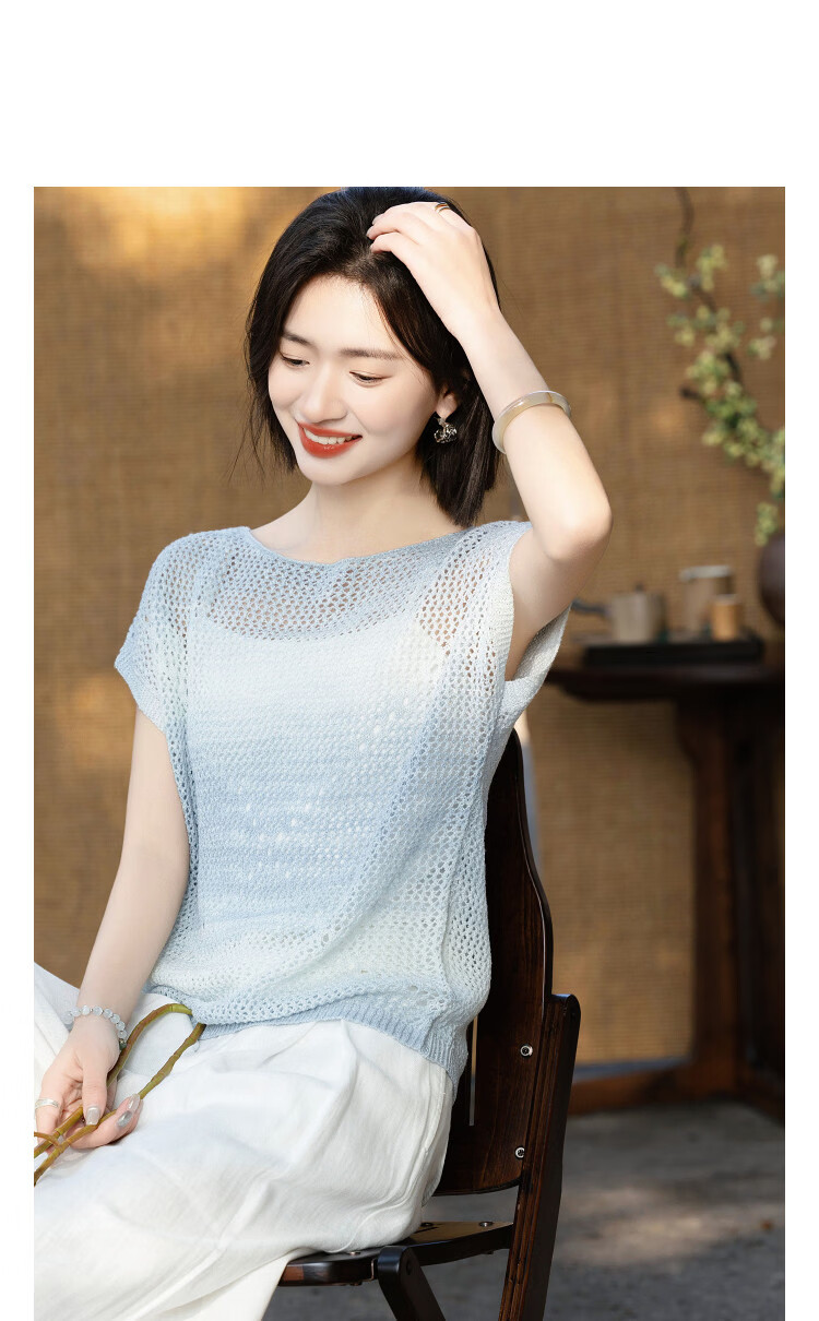 Demana [Galaxy Whisper] Summer Off-Shoulder Raglan Hollow Jacquard Irregular Gradient Slimming Knit Top for Women Premium 10