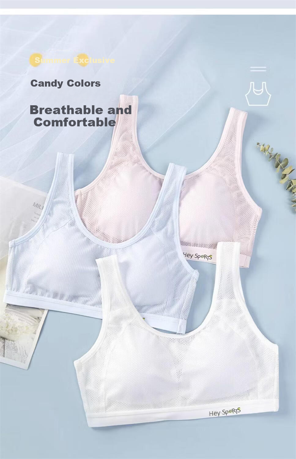Meishianxuan [2-Pack] Developmental Stage Girls' Student Sports Bra, Fixed Cup Brassiere for Middle And High School Students 7