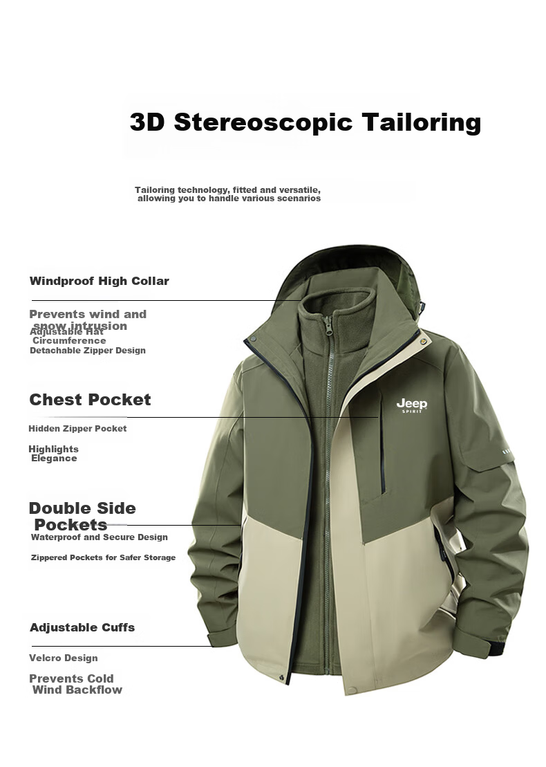 JEEP SPIRIT Men's Outdoor Windproof Hooded Jacket Warm 3-in-1 Coat Black XL 3