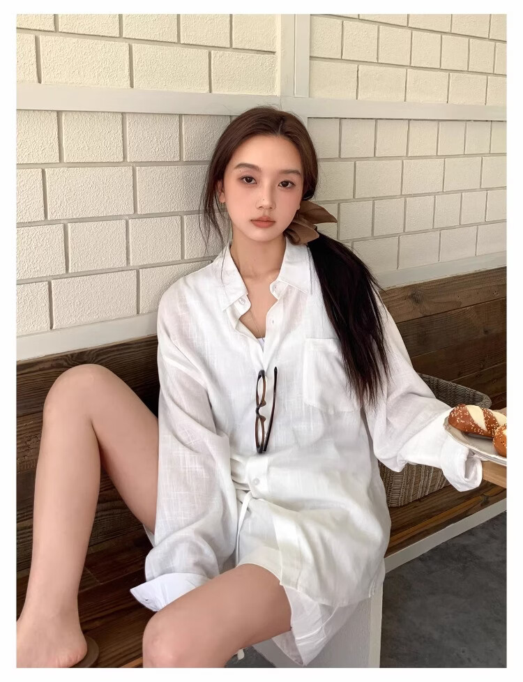 ICH MODE "Bangkok Holiday" Linen Shirt Women Lazy Style Physical Sun Protection Long Sleeve Shirt Linen Color L 36