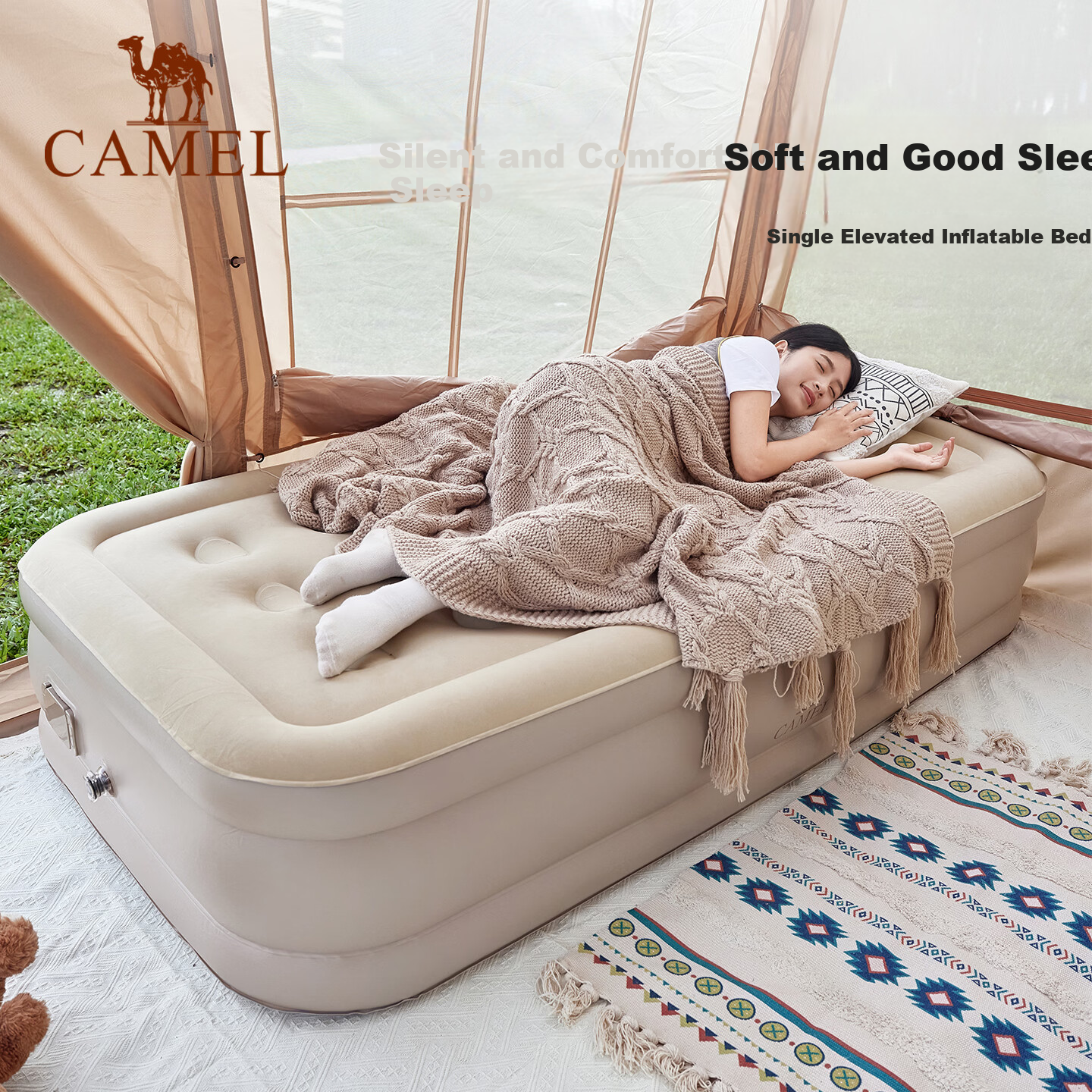 CAMEL Automatic Inflatable Mattress with Built-In Pump, Elevated Camping Sleeping Pad, Floor Mat, 174BJ37702, Sand Color