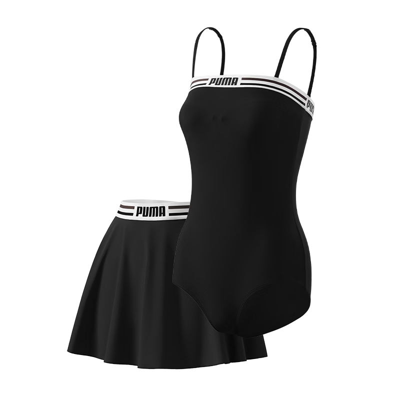 PUMA Women's One-Piece Swimsuit with Detachable Skirt Two-Piece Set UV Protection Slim Fit Swimwear Spa Bathing Suit