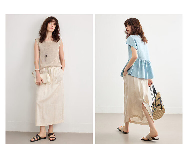 Demana [with Linen Lyocell] Summer Minimalist Commuter Split Drawstring Elastic Waist Slimming Mid-Length Skirt for Women 8