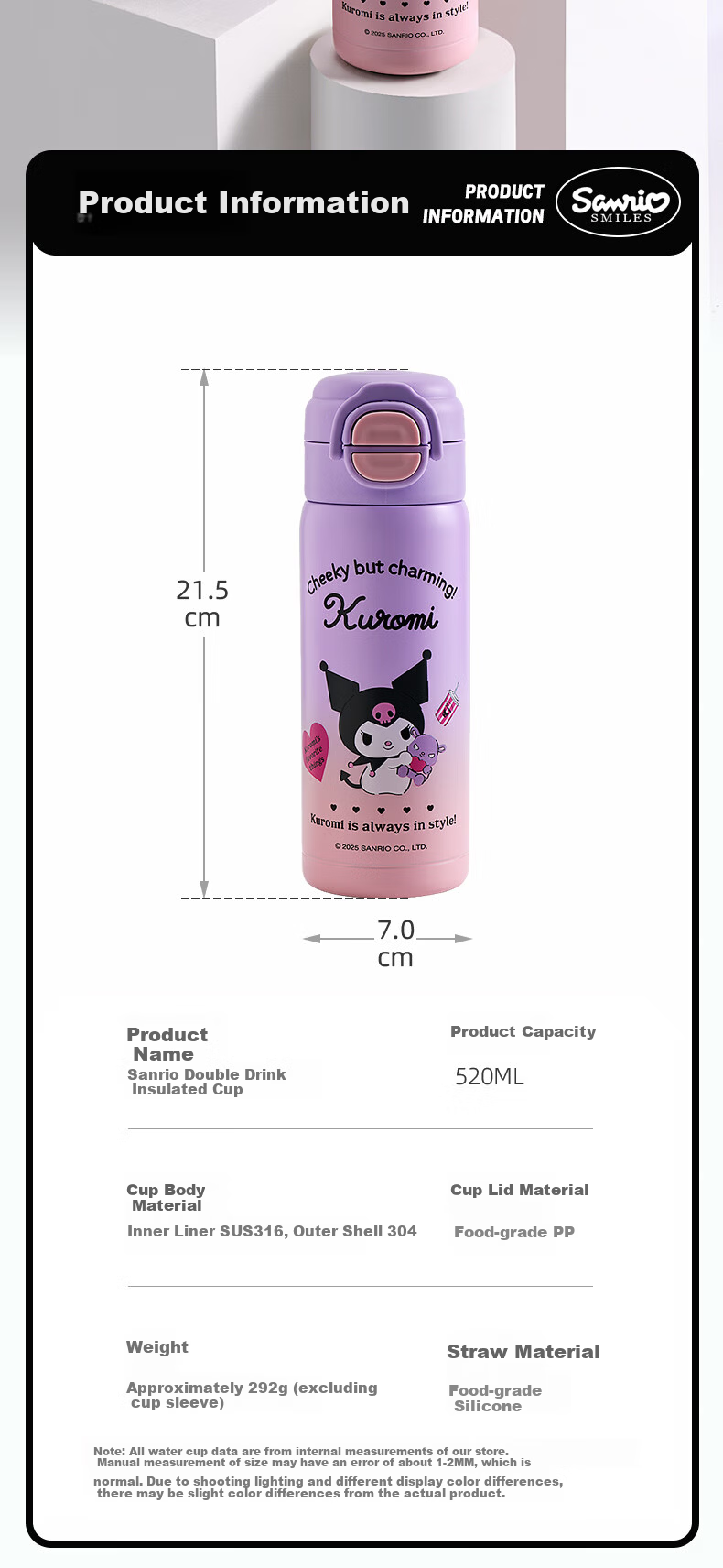 Sanrio 316 Stainless Steel Insulated Water Bottle 520ML Dual-Use Kids Cup Kuromi Pink Purple 901 9