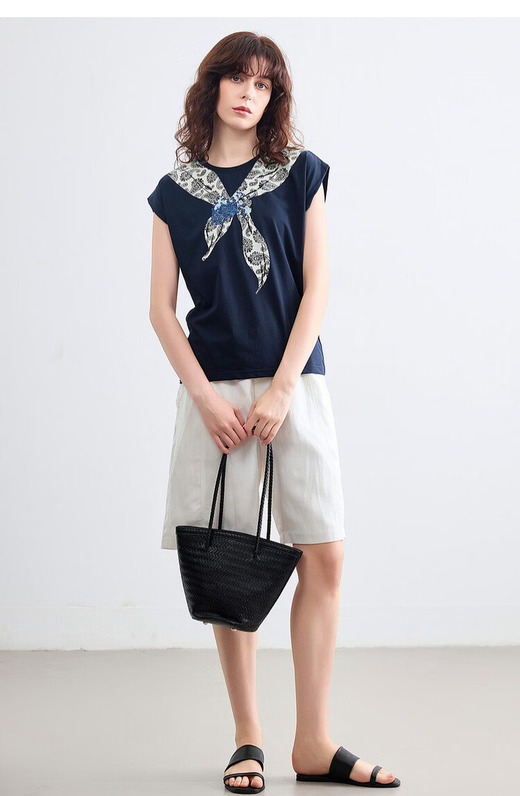 Demana [Cooling Black Technology Sorona] Summer Vintage Floral Bow Tie Round Neck Short Sleeve Loose Women's T-Shirt 20