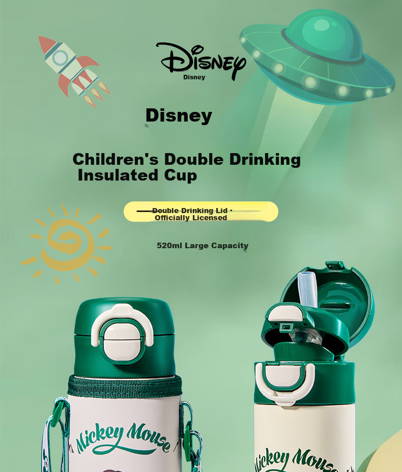 Disney Kids Insulated Stainless Steel 316 Large Capacity Straw Water Bottle Portable Double Drinking Cup for Boys and Girls Elementary School Students 1