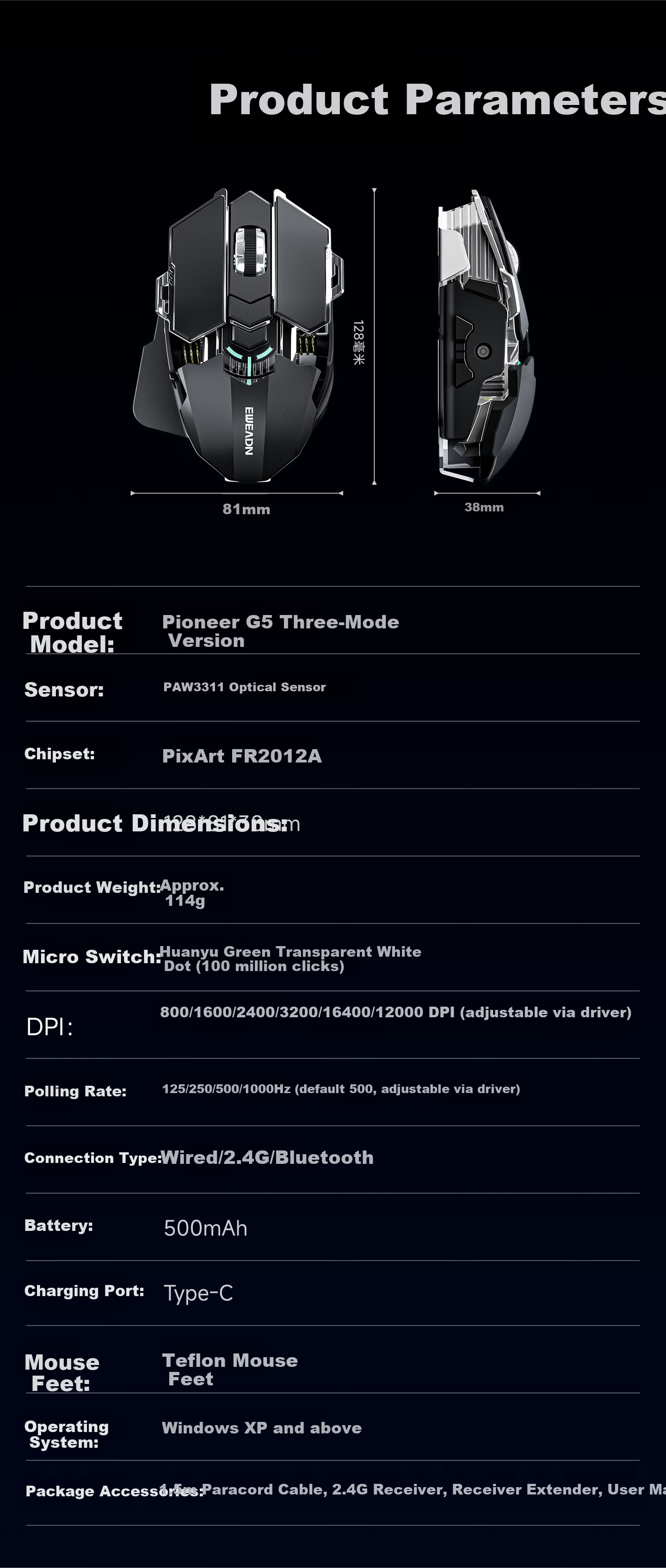EWEADN G5 Tri-Mode Wired Wireless Bluetooth Gaming Mouse Macro Programmable Portable PAW3311 1K Report Rate Desktop Computer Large Hand Special 12
