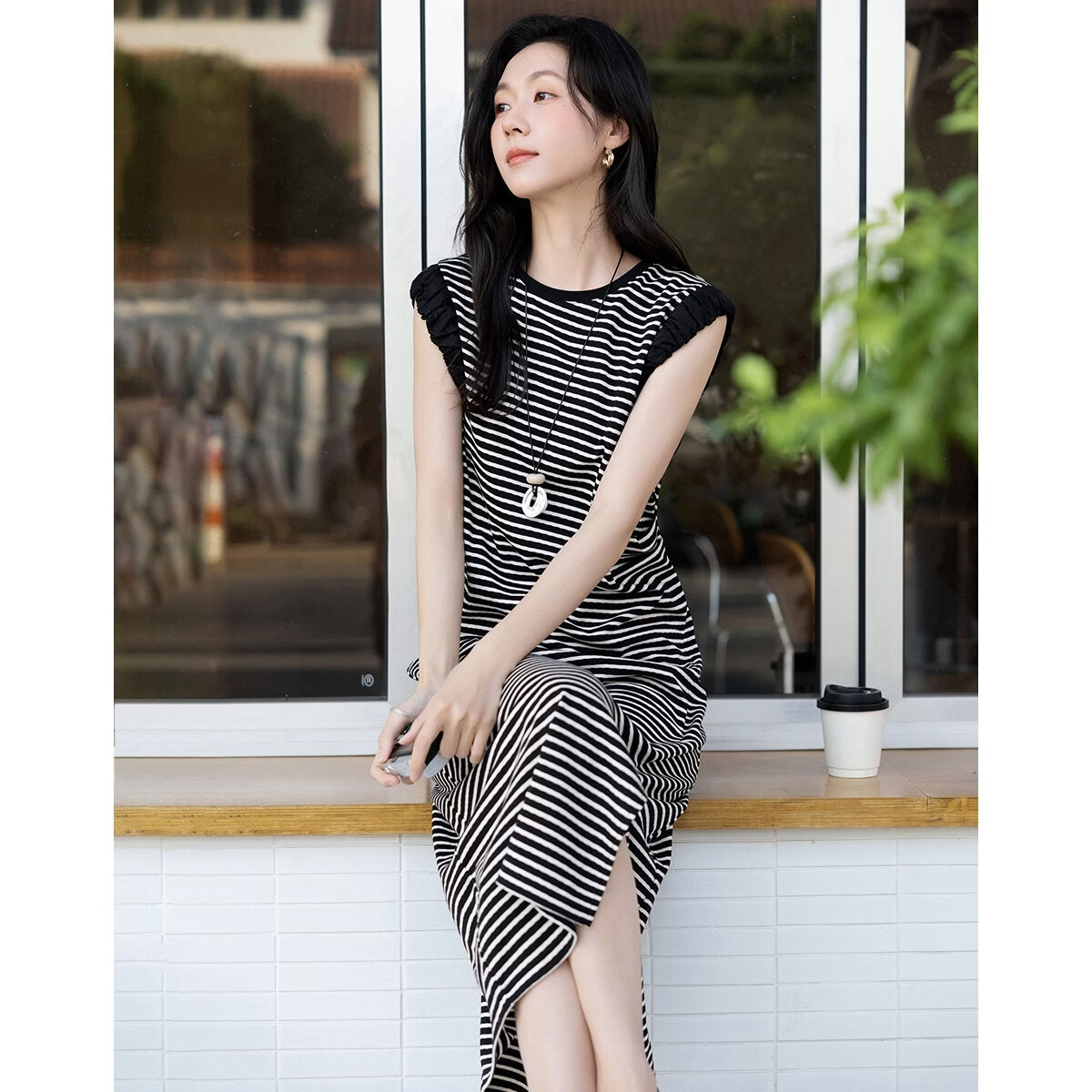 Demana Vintage Overture Summer Lightweight Professional Round Neck Striped Slit Pleated Patchwork Slim Dress for Women Premium Feel
