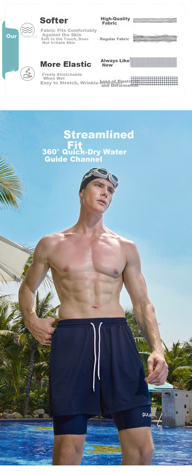 PULASSI Men's Swim Trunks Anti-Embarrassment Five-Point 2025 New Professional Quick-Dry Chlorine-Resistant Double-Layer Swimwear Black 3XL 6