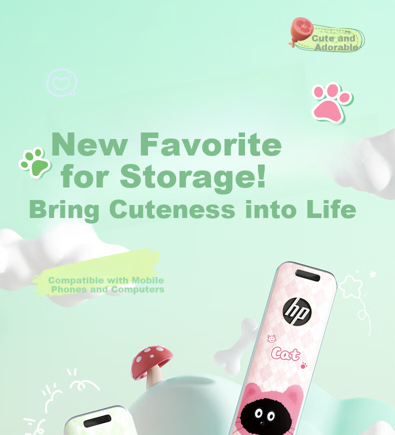 HP 64GB USB 3.2 Mint Meow High-Speed Metal USB Flash Drive Cute Couple Student Data Backup Office USB Drive Up to 230MB/s 1