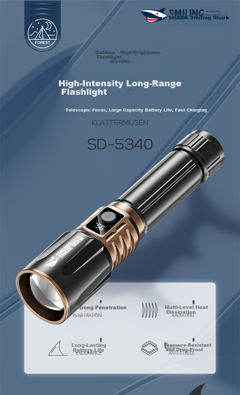 Smile Shark 5340 High-Power Flashlight 2025 New Outdoor Ultra-Bright Long-Lasting Laser Rechargeable Emergency Lighting Lamp 1