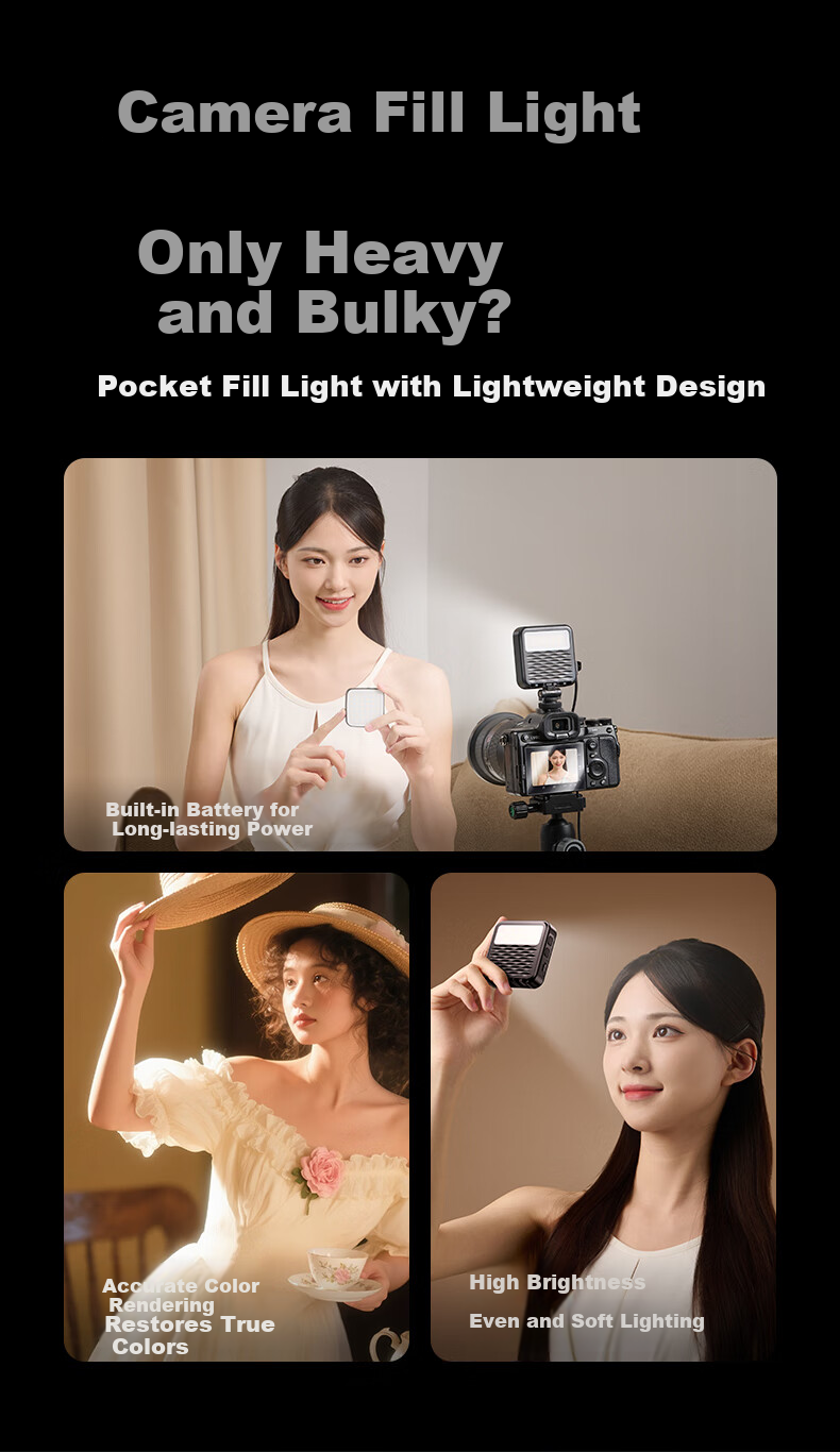 Llano Portable LED Pocket Bi-Color Fill Light Live Streaming Photography Light for Mirrorless Cameras and Smartphones Indoor Portrait Constant Light Built-in 2000mAh Battery Long-lasting 1