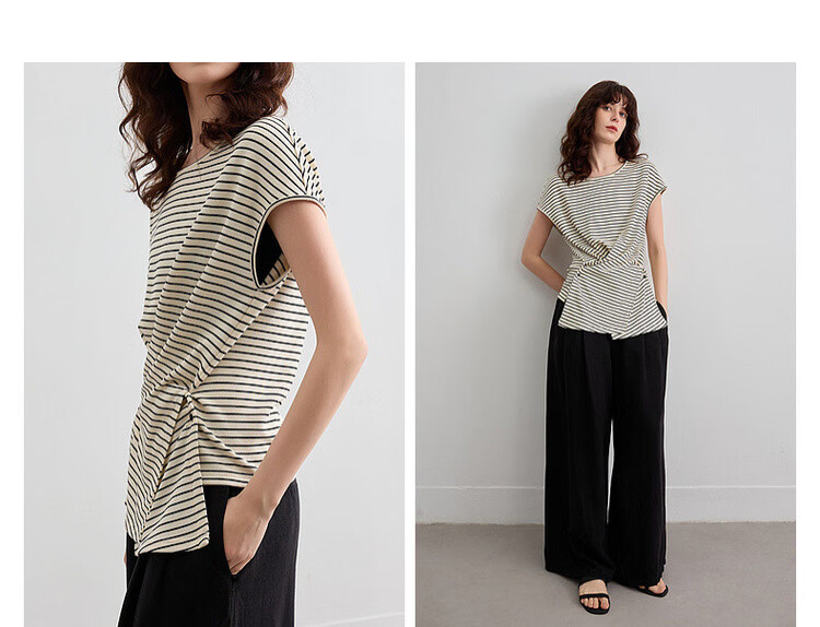 Demana [Mianyun Xiaoqi] Summer Simple Style Colorblock Striped Twist Round Neck Slim Fit Women's T-Shirt 9