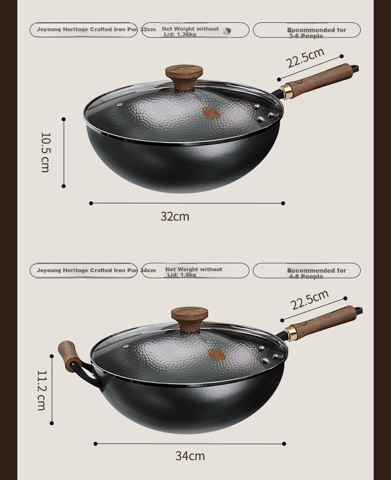 Joyoung Wok, Heritage Craftsmanship Iron Pan, 0 Coating, Rust-Resistant, Corrosion-Resistant, Hammered Texture, Non-Stick, No Seasoning Required, 30cm, Specially for Open Flame Cooking 18