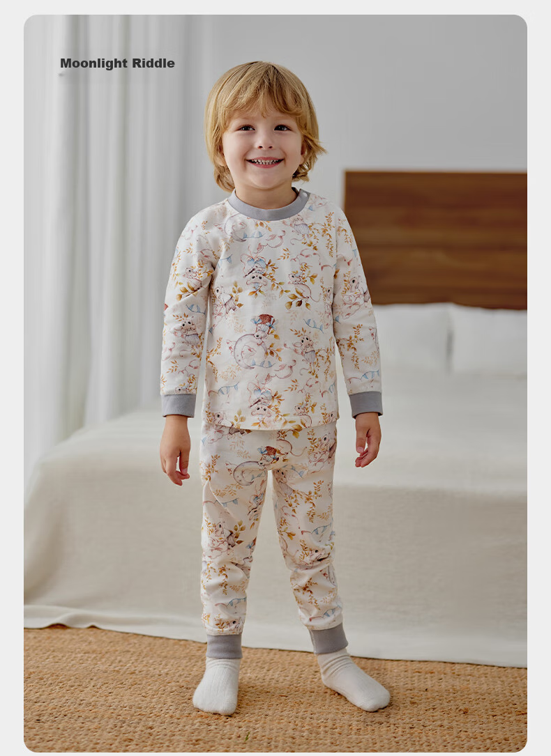OUYUN Baby Kids Pajamas Boys Girls Spring Autumn Homewear Warm Thermal Underwear Set Moonlight Riddle 150 29