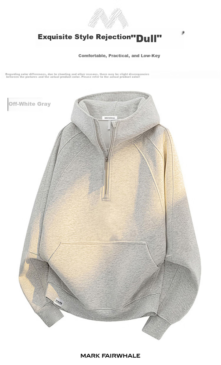 MARK FAIRWHALE Heavyweight Hoodie Men's Spring and Autumn Half-Zip Hooded Jacket Unisex Couple Top White Flower Gray 3XL 5