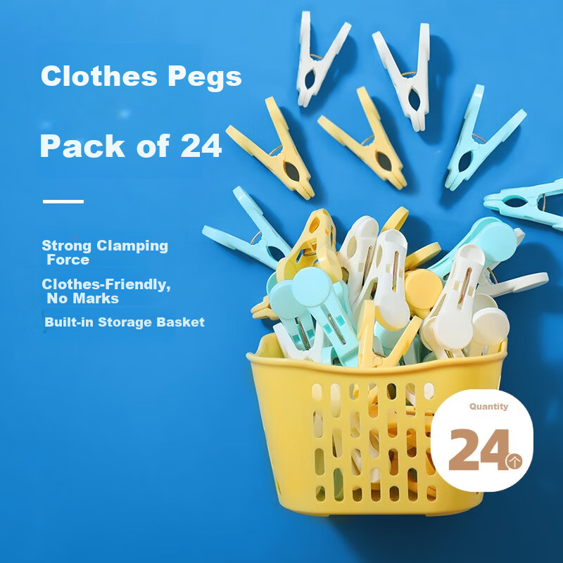 LYNN Plastic Clothes Pegs, 24-Pack Windproof Laundry Clips for Socks, Sheets, and Underwear