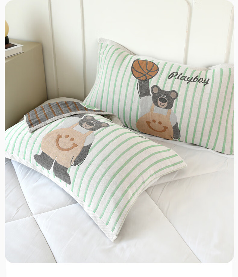 MUJI A-Class 100% Cotton Four-Layer Gauze Pillowcase Set with Elastic Band 52x78cm Bear Pattern, Pair 2