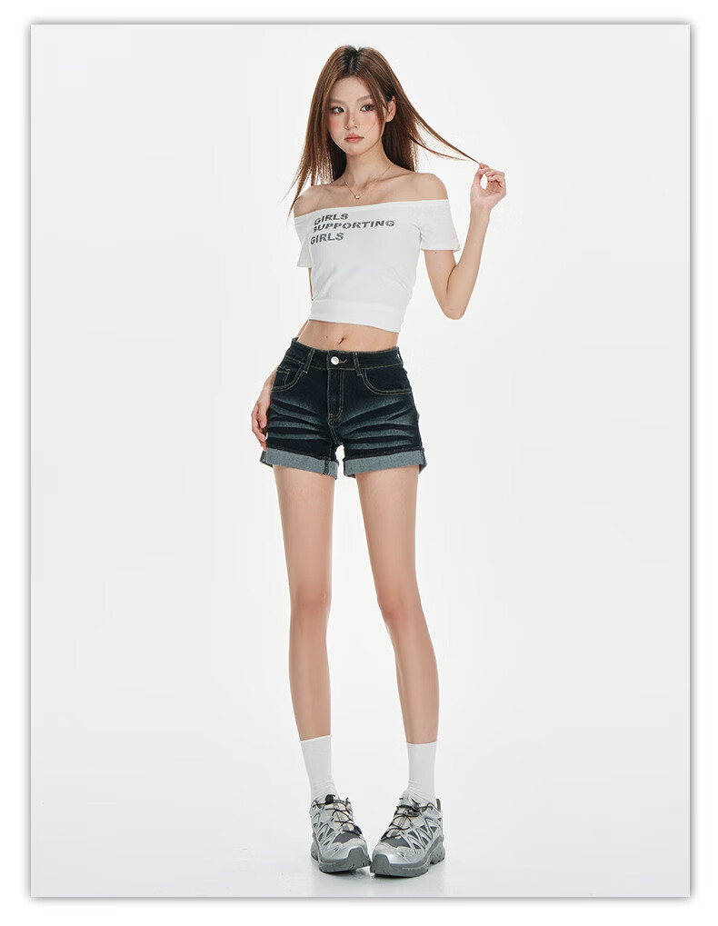 Jeanswest Women's Denim Shorts 2026 Vintage Washed American Style Loose Low Waist Rolled Hem Hot Pants Black M 11