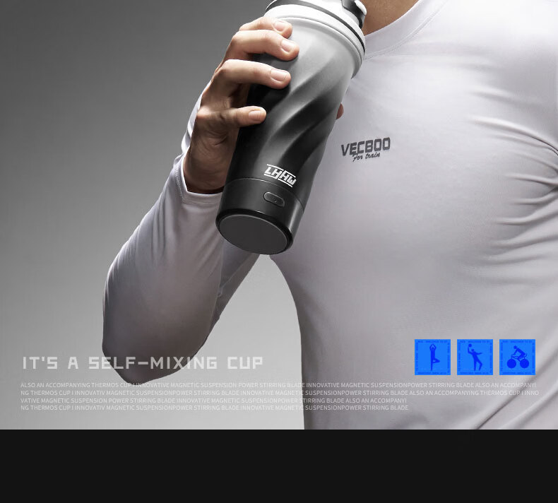 LHHW Luhanwei Magnetic Insulated Stirring Cup Stainless Steel Protein Powder Automatic Shaker Sports Water Bottle Power Black 2