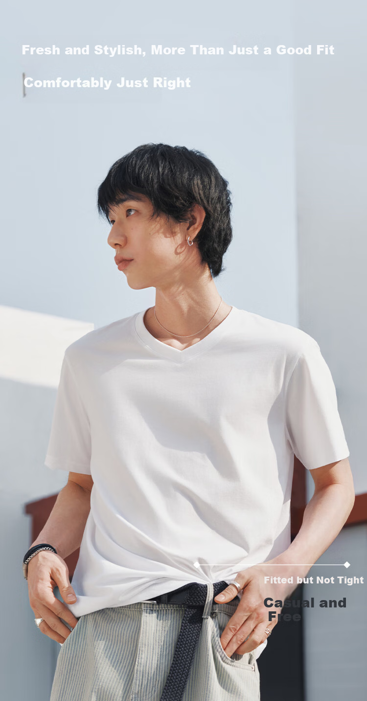 Semir 【3A Antibacterial】Men's Short Sleeve T-Shirt 26 Summer Basic Solid Color V-Neck Casual Tee 109326100101 3