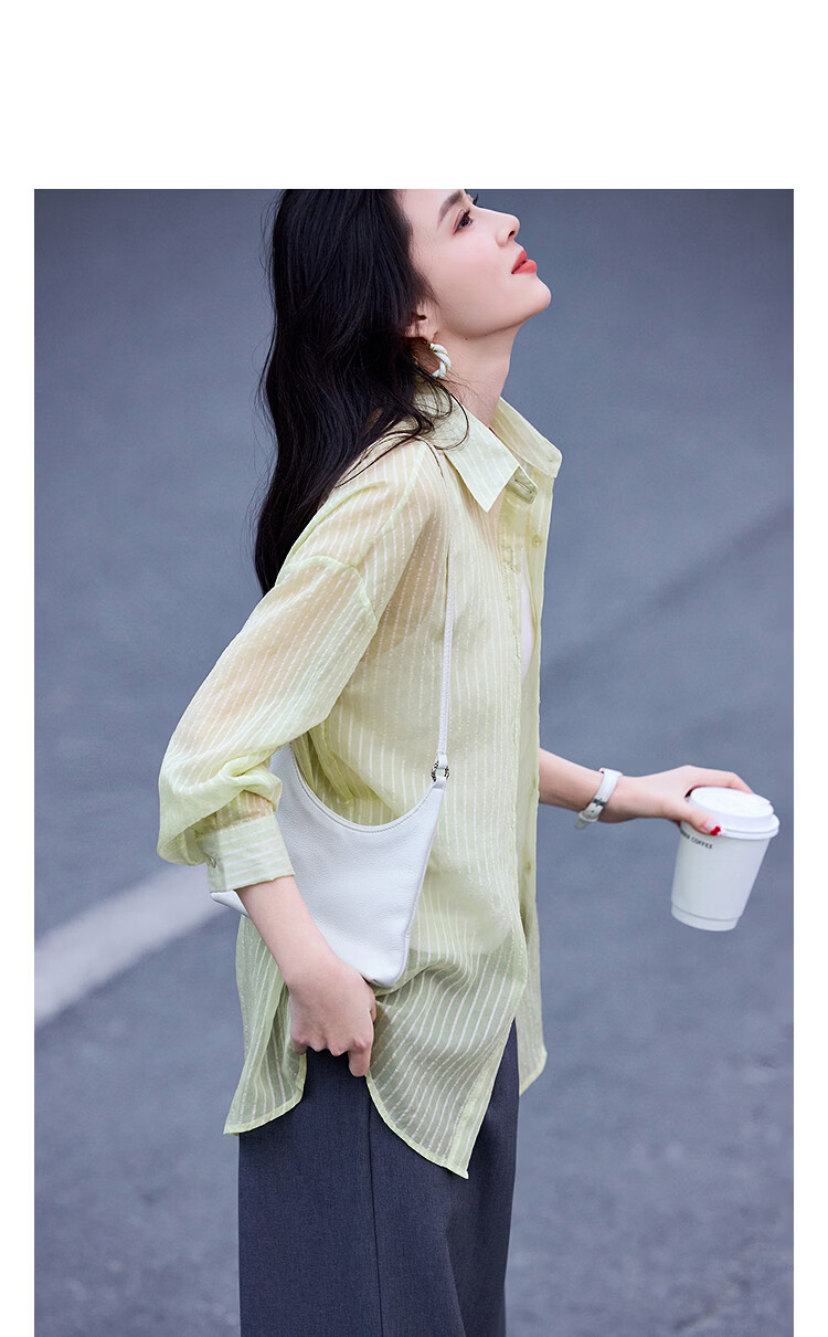 Demana Lazy Daily Spring Simple Style Lapel Striped Loose Slimming Concealing Petite Shirt for Women High-End Feel 14