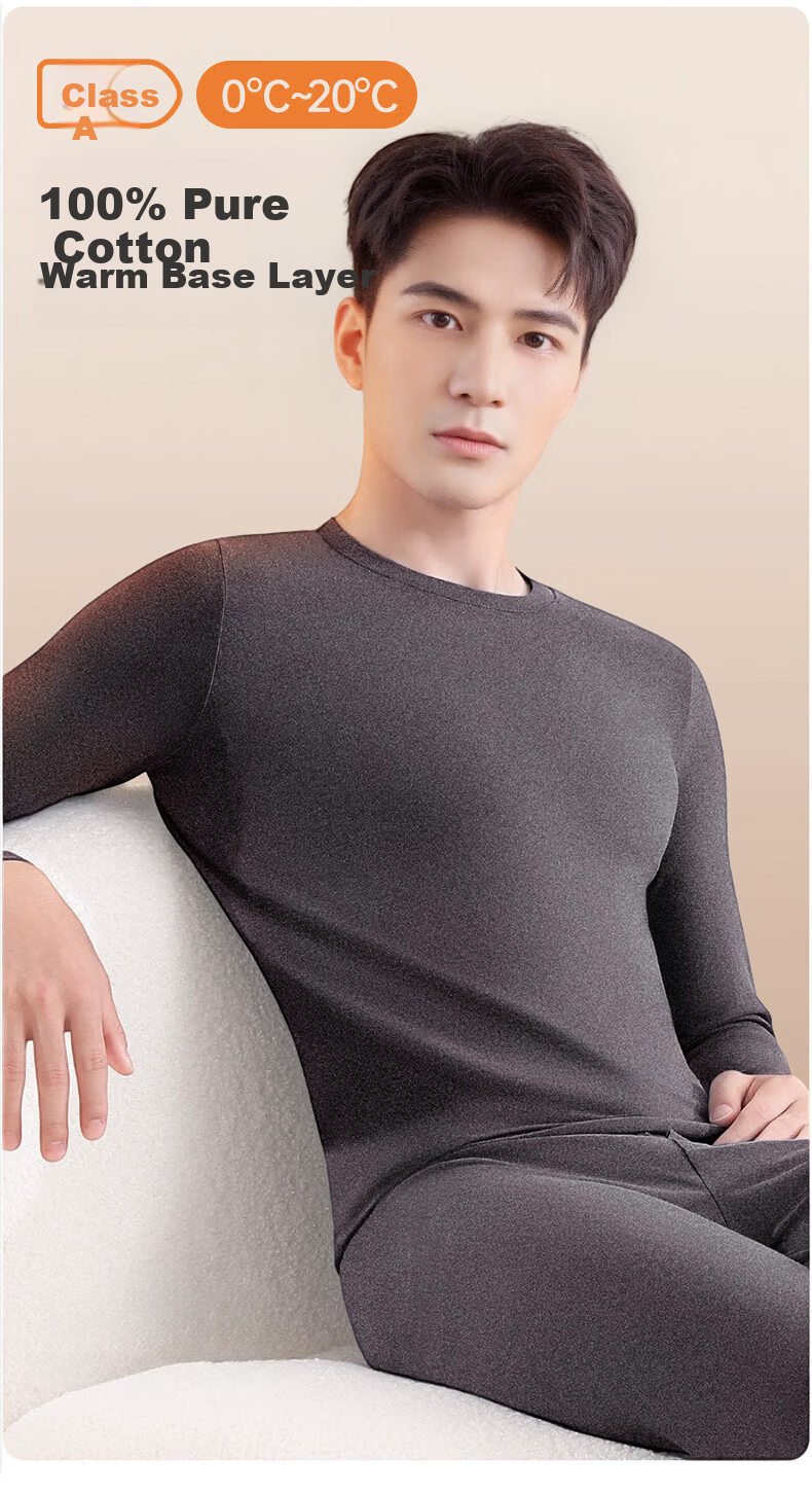 Bejirog Men's Thermal Underwear Set 100% Cotton Thin Long Johns Crew Neck Cotton Sweater Autumn Winter Base Layer 1