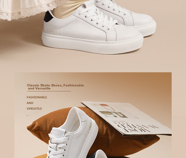 CAMEL Women's Minimalist Casual White Leather Flat Lace-up Sneakers L24S504610 White 40 10