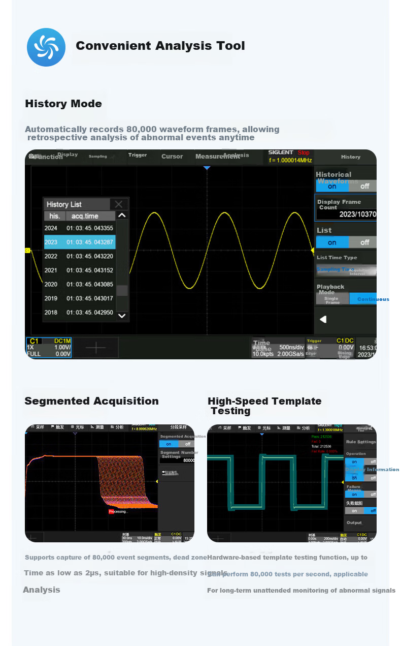 SIGLENT SDS802X HD Oscilloscope 12-bit Resolution 70MHz Bandwidth 2 Channels 2GSa/s Sampling Rate 9