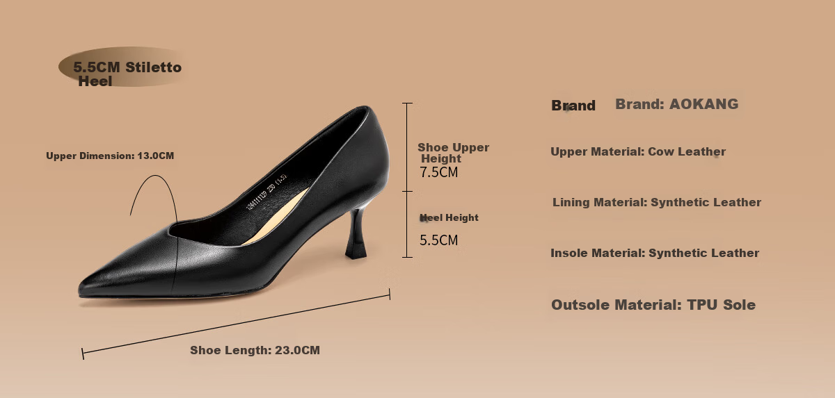 Aokang Official Women's Leather High Heels, Black Thin Heel Professional Work Shoes, OL Pointed Toe Low-Cut Pumps, Size 35 8