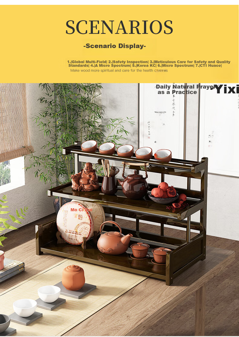 Wo Jia Tea Set Storage Rack Desktop Small Antique Display Shelf Tea Table Tea Cabinet Tea Rack Tea Leaf and Tea Cup Holder Organizer 10