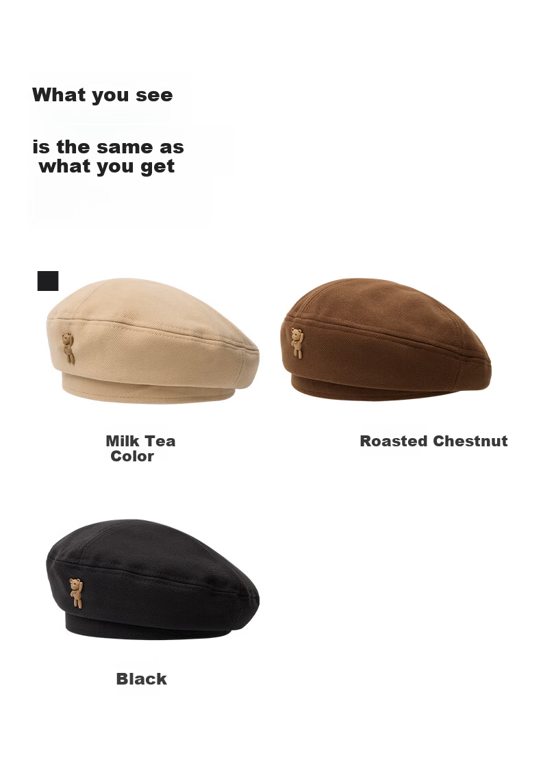 XUEXIMAN Japanese Vintage Cartoon Bear Brown Wool Beret Women's Fashionable Elegant Painter Hat 4