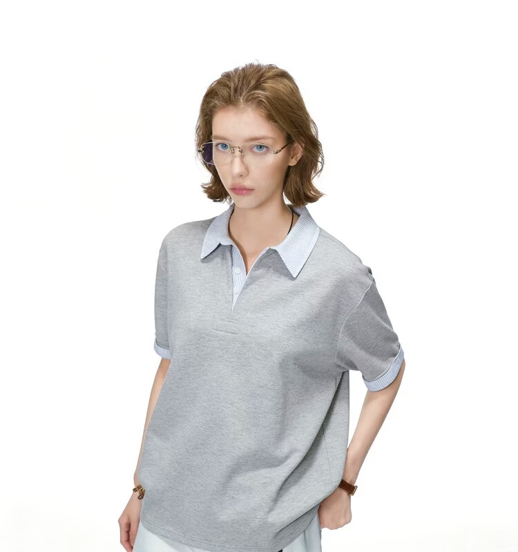 ICH MODE Intellectual High IQ Fake Two-Piece Striped Short Sleeve Polo Shirt Women Summer Couple T-Shirt Black M 12