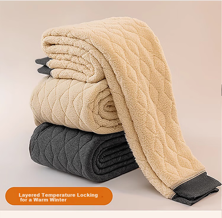 Langsha 100% Wool Men's Autumn Winter Fleece Lined Thickened Lamb Wool Thermal Pants High Waist Knee Protection Extra Thick Base Layer Pants Northeast Style 15