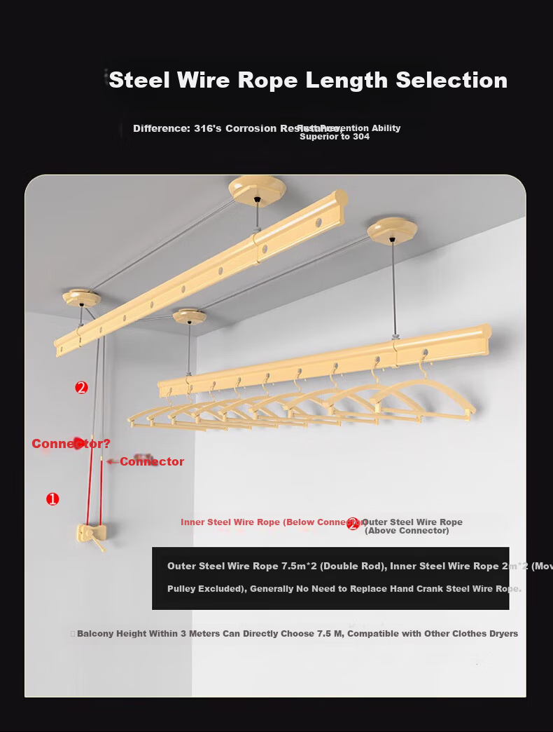 40,000 KM Manual Clothes Drying Rack Hand Crank Accessory Steel Wire Rope Balcony Clothes Rod 316 Replacement Universal Telescopic 1